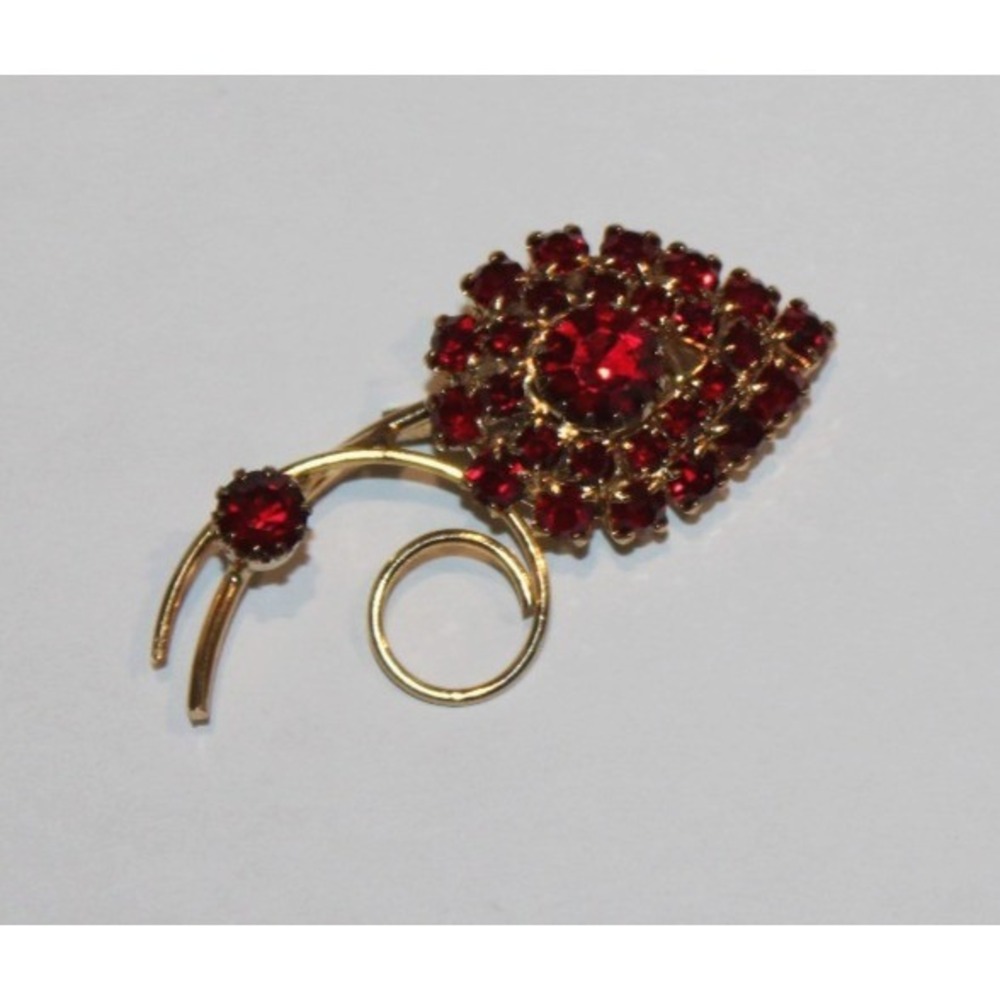vintage‎ gold tone brooch pin red rhinestones flower